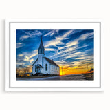 Extra large abstract art print featuring a textured depiction of a church, in muted earth tones on a white framed canvas.