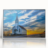 Mid-century modernist church design in muted gray and white tones, acrylic print framed in white.