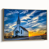 Framed canvas landscape art painting featuring a vintage-style church in muted gold and black tones.