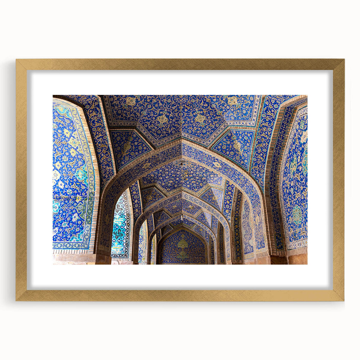 Textured abstract art print of a church, in muted gold and white tones, framed with a gold mat, ideal for bedroom art.