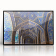 Large abstract wall art depicting a church, in muted gray and blue tones on a framed acrylic.