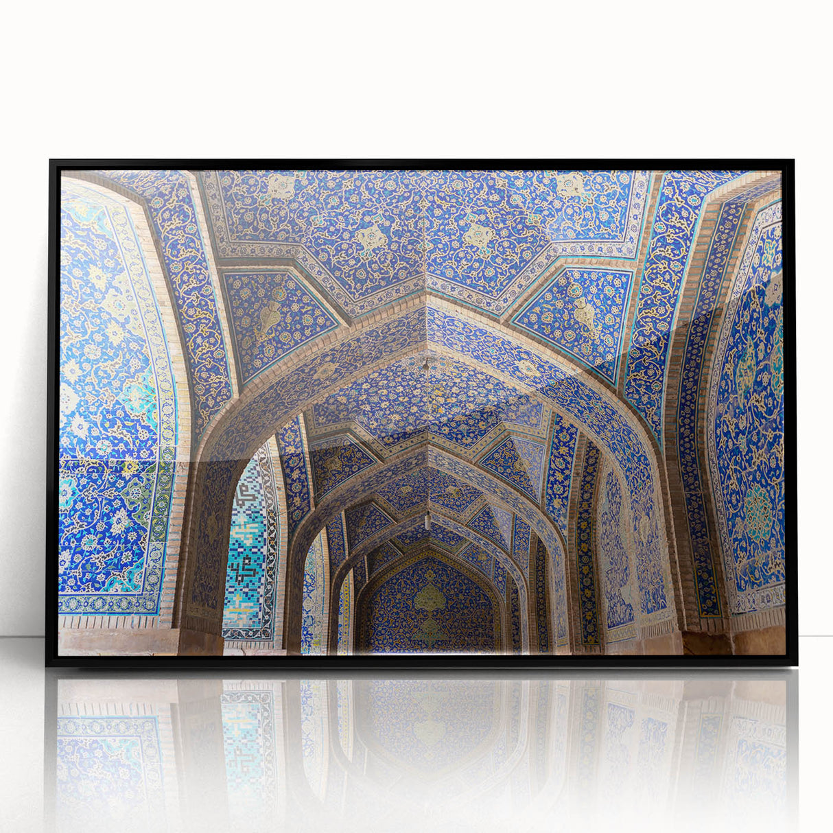 Large abstract wall art depicting a church, in muted gray and blue tones on a framed acrylic.