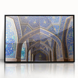 Large abstract wall art depicting a church, in muted gray and blue tones on a framed acrylic.