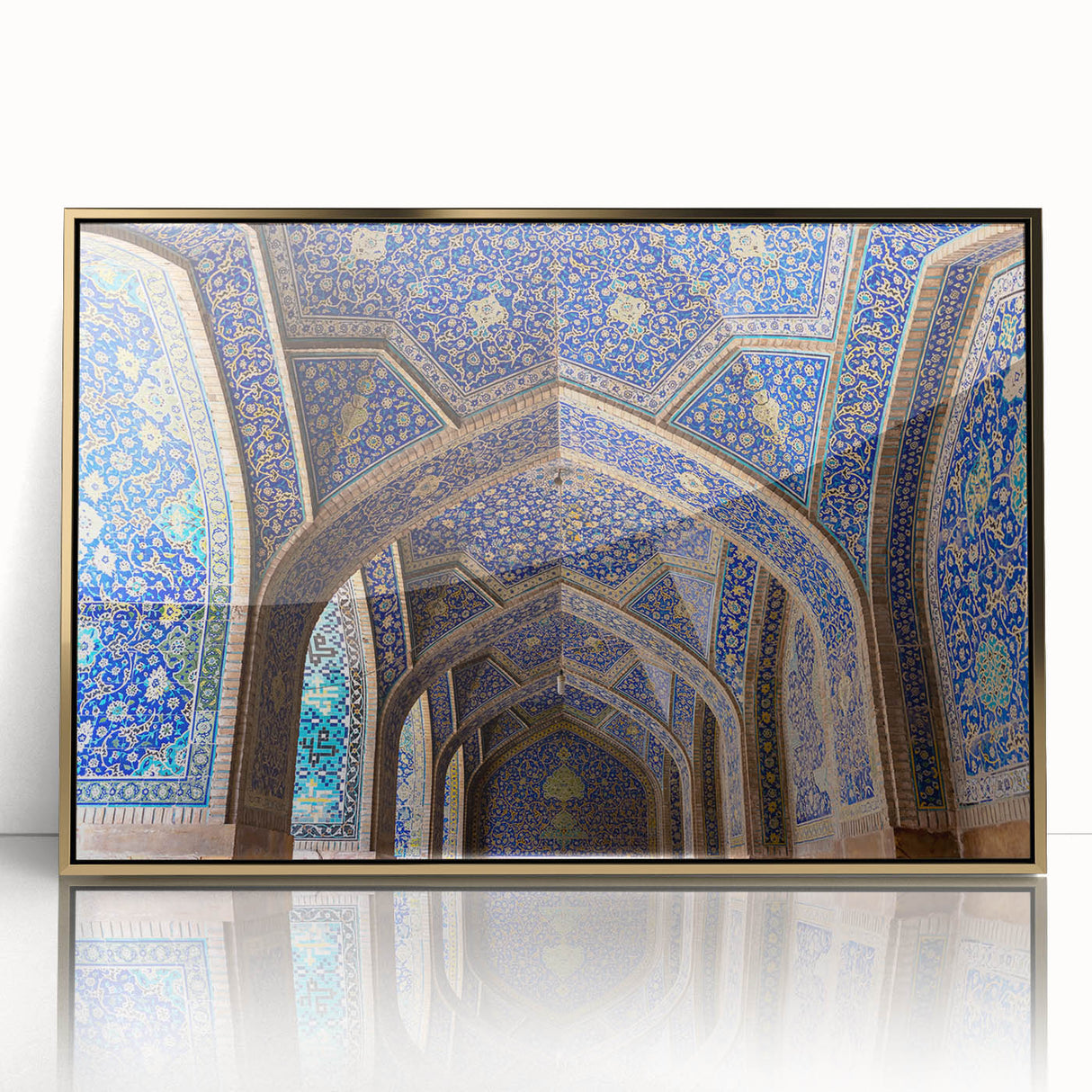 Art deco poster of a church in muted gold and white tones on framed acrylic.
