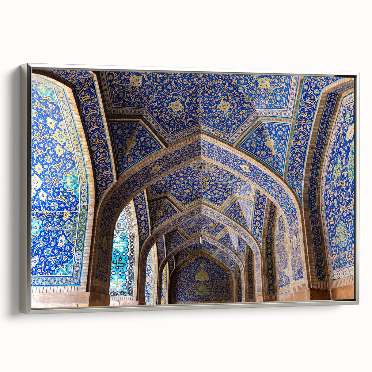 Vintage poster art of a church, rendered in colorful hues on a black background, framed in silver.