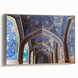 Vintage poster art of a church, rendered in colorful hues on a black background, framed in silver.