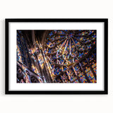 Extra large abstract art print of a colorful, textured church design on a black framed canvas, ideal for living room decor.