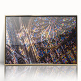 Mid-century modernist art depicting a church in muted gold tones on a framed acrylic, ideal for nursery wall decor.