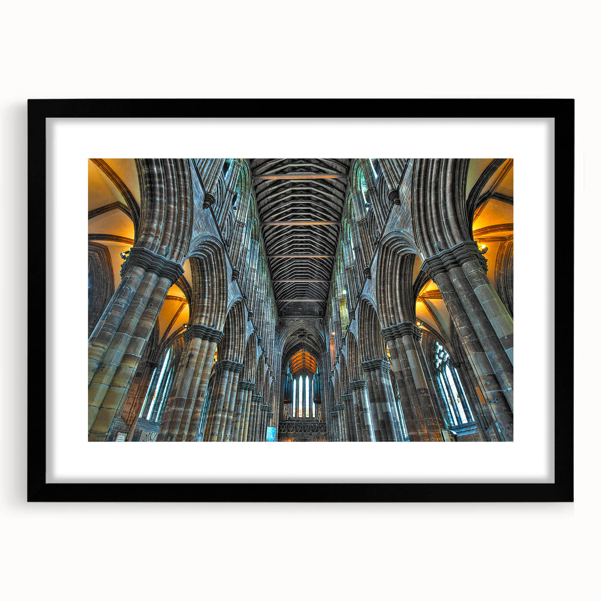 Extra large abstract art print featuring vibrant, colorful textures on a black framed canvas, ideal for living room decor.