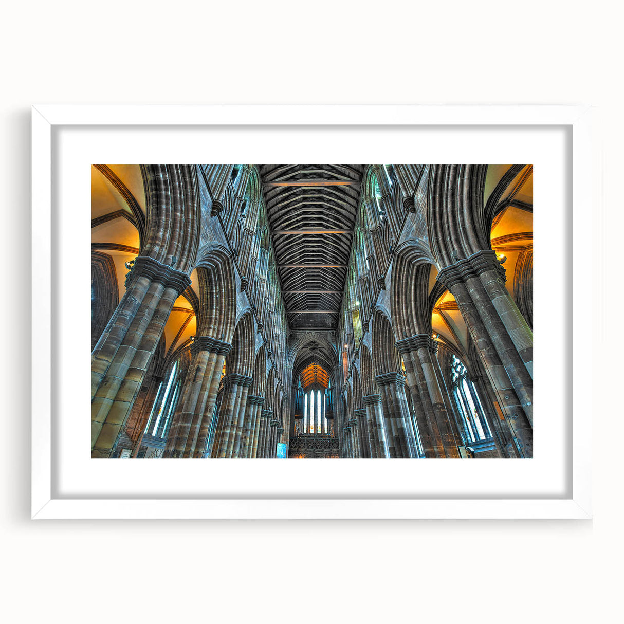 Extra large abstract art print featuring a textured church design in serene blue and gray tones on a framed white mat.