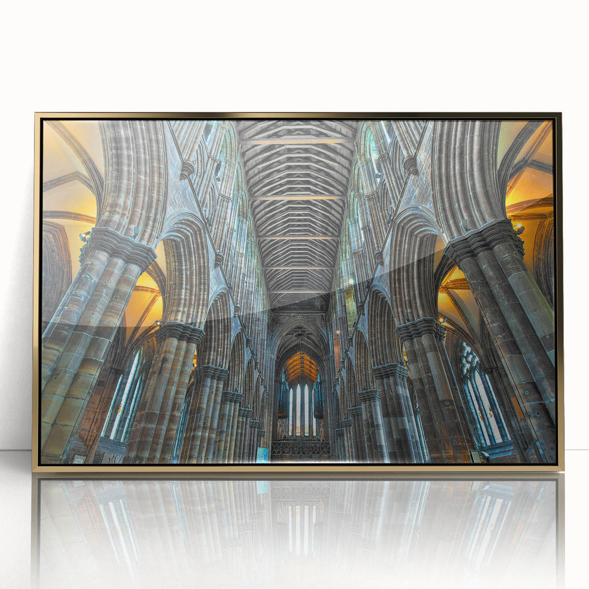 Mid-century modernist acrylic print of a geometric church design in gold tones, ideal for nursery wall art.