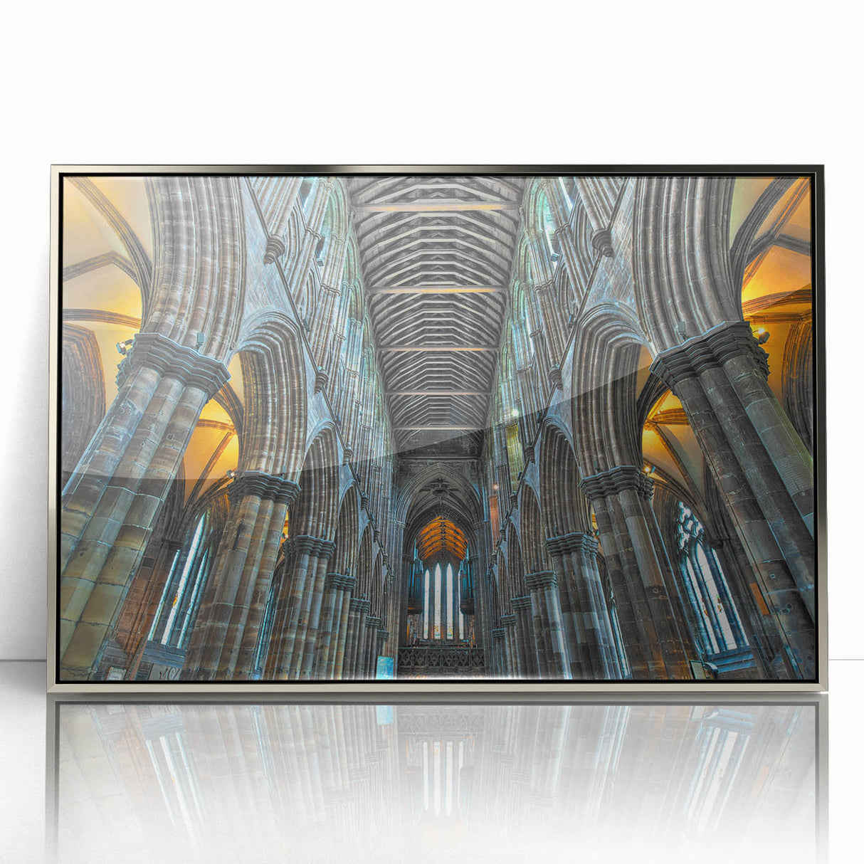 Art deco poster featuring a stylized church design in silver and gray tones on acrylic, ideal for modern nursery wall art.
