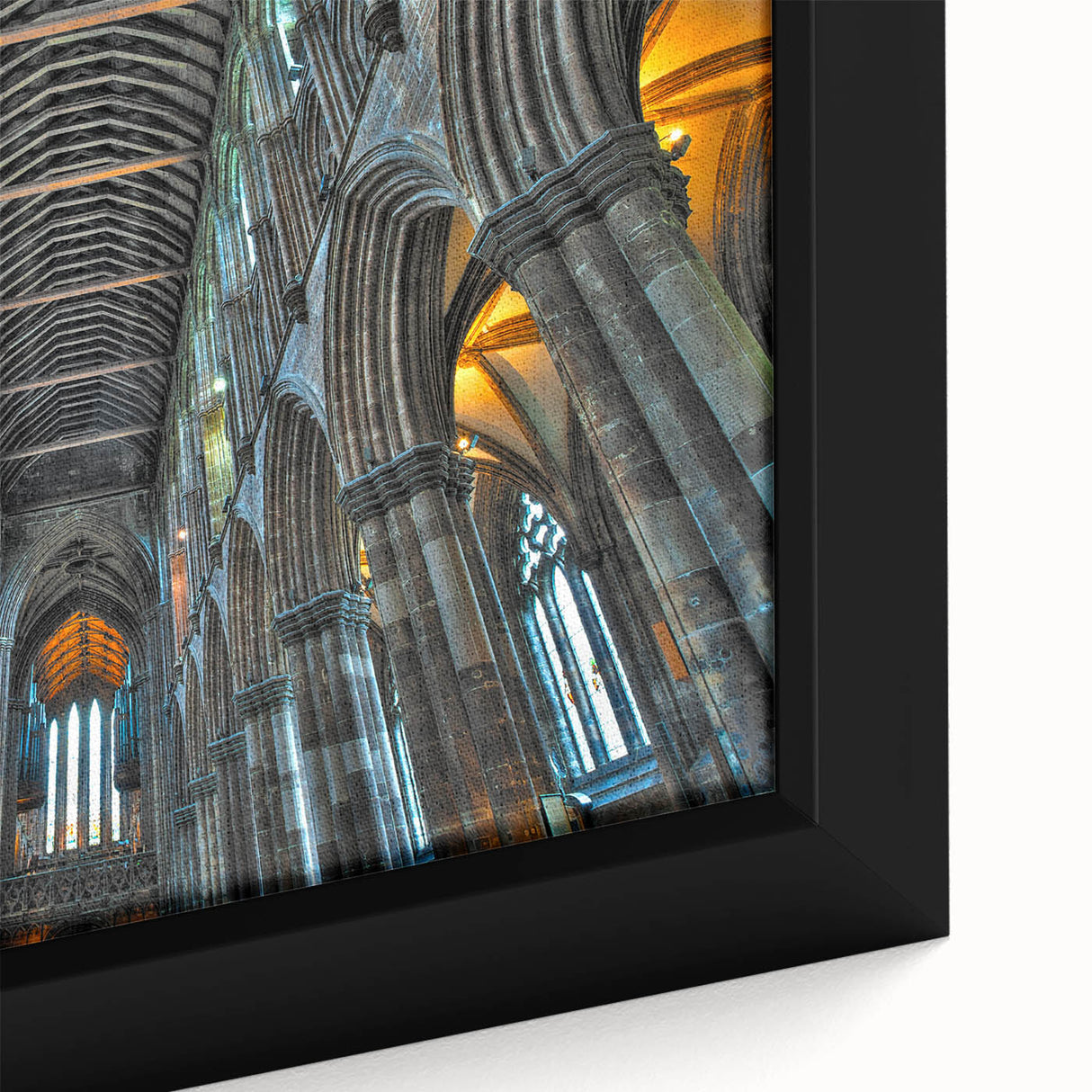 Black wall art featuring a textured, colorful church design on a large framed canvas, ideal for living room decor.