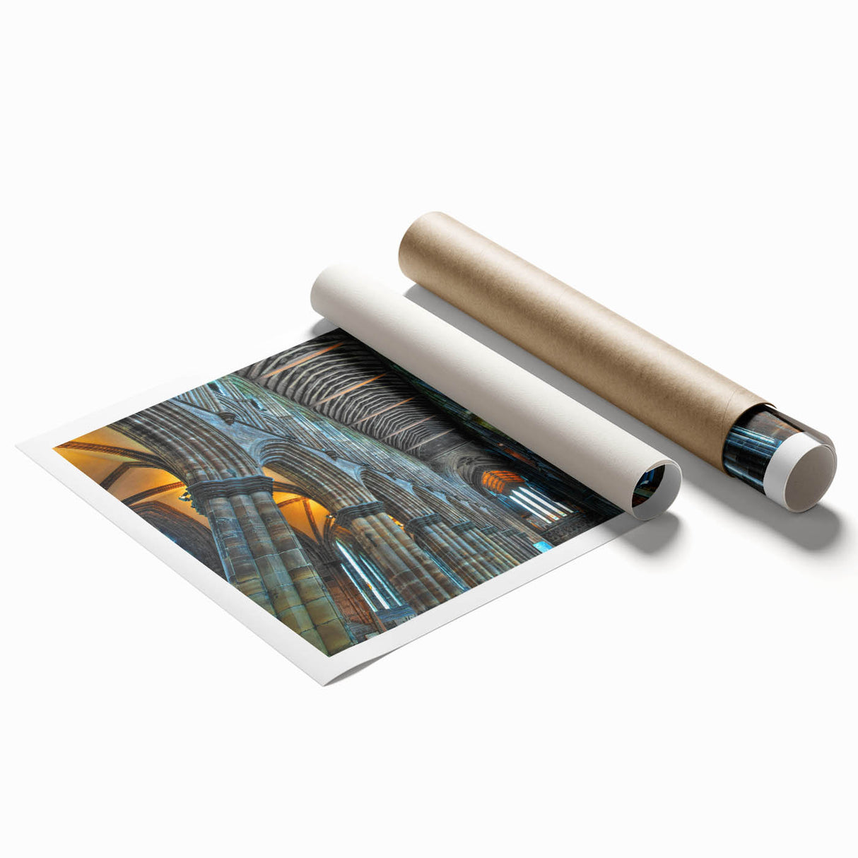 Extra large rolled print of a floral church design in muted colors, ideal for classy bathroom wall art.