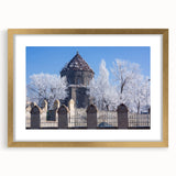 Textured abstract art print of a mosque in gold and beige tones, framed with a mat, ideal for bedroom art.