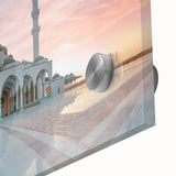 Large abstract wall art of a mosque in mid-century modernist style on acrylic, ideal for dining room ambiance.