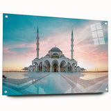 Acrylic print of a large abstract depiction of a mosque in muted earth tones, suitable for bedroom or dining room decor.
