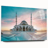 Large abstract wall art on acrylic glass featuring a mosque, in muted earth tones, ideal for bedroom or dining room decor.