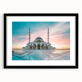 Extra large abstract art print of a colorful mosque, textured design on black framed canvas, ideal for living room decor.