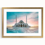 Textured abstract art print of a mosque in gold and beige tones on a framed canvas, suitable for bedroom decor.