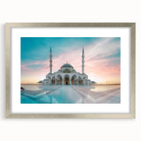 Abstract art print of a mosque in muted silver and gray tones on a framed canvas, ideal for dining room decor.