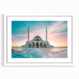Extra large abstract art print of a mosque in textured shades of blue and white, framed with a white mat.
