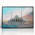 Large abstract wall art featuring a geometric mosque design in monochrome, framed in black acrylic.