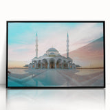 Large abstract wall art featuring a geometric mosque design in monochrome, framed in black acrylic.