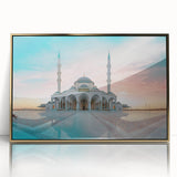 Mid-century modernist mosque design in gold and teal tones on a framed acrylic, ideal for nursery wall art.