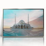 Art deco poster of a mosque in silver and blue tones on framed acrylic, suitable for modern nursery decor.