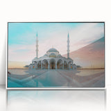 Mid-century modernist mosque illustration in muted beige and white tones, acrylic framed print.