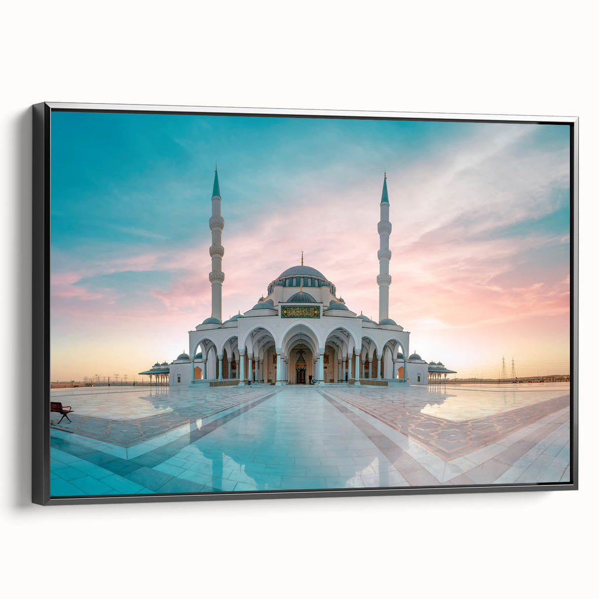 Black and white framed canvas of a mosque landscape, ideal for bedroom wall art in a vintage poster style.