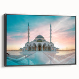 Black and white framed canvas of a mosque landscape, ideal for bedroom wall art in a vintage poster style.