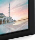 Extra large black canvas featuring a textured, colorful mosque design, ideal for living room decor.