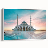 Framed canvas featuring a black and white vintage poster of a mosque landscape, ideal for bedroom wall art.