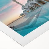 Art deco poster of a mosque in muted gold and blue tones on rolled canvas, suitable for dining room wall art.