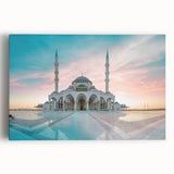 Black and white stretched canvas featuring a detailed mosque design, ideal for kitchen wall art.