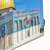 Mid-century modernist mosque design in large abstract style on acrylic, featuring earth tones, ideal for dining room art.