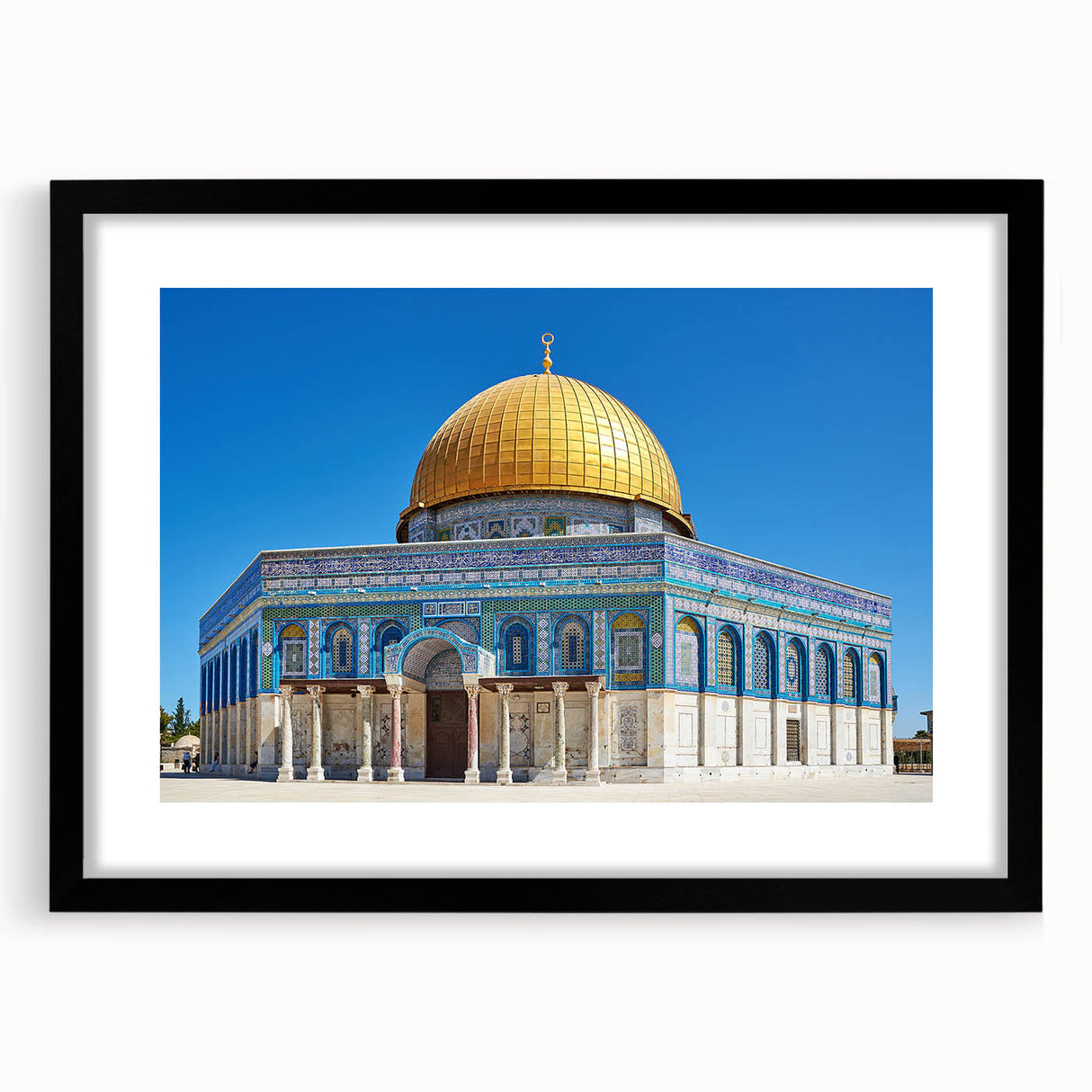 Extra large abstract art print of a colorful, textured mosque design on a black framed canvas, ideal for living room decor.