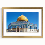 Textured abstract art print of a mosque in gold and beige tones on a framed canvas, suitable for bedroom decor.
