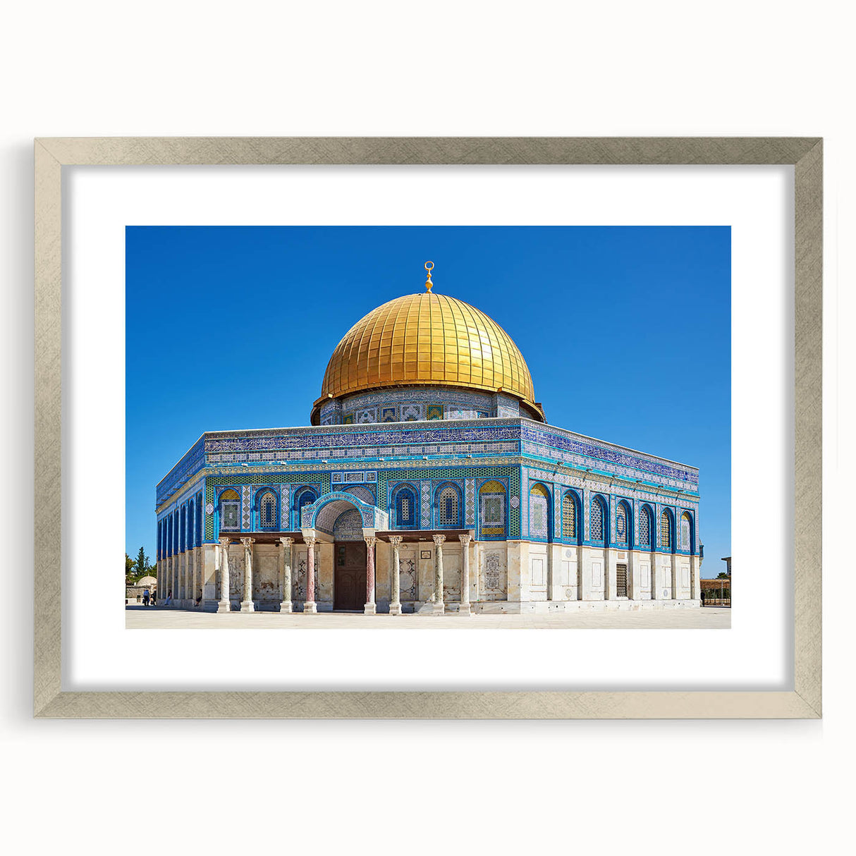 Abstract art print of a mosque in silver hues on a framed poster, ideal for dining room decor.