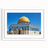 Extra large abstract art print of a mosque in textured gray and blue tones on a framed white canvas.