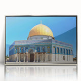 Art deco poster of a mosque in silver tones on framed acrylic, suitable for modern nursery wall decor.