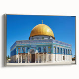 Vintage poster art of a mosque in vibrant colors on a large framed canvas, suitable for living room decor.
