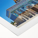 Art deco poster of a mosque in muted gold and blue tones on rolled canvas, suitable for dining room or bathroom wall art.