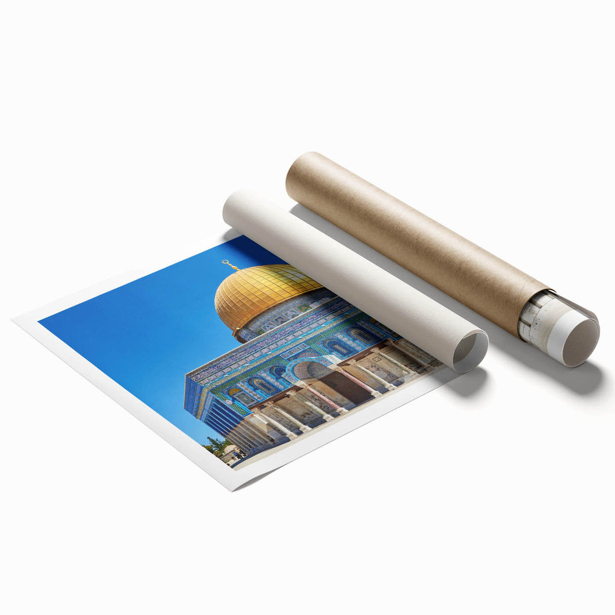 Extra large rolled print of a mosque with floral designs in muted earth tones, suitable for classy bathroom wall art.