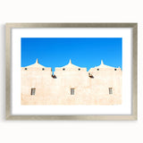 Abstract art print of a mosque in silver tones on a framed canvas, suitable for dining room or bedroom decor.