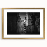 Textured abstract art print of a mosque in muted gold and beige tones on a framed canvas, suitable for bedroom decor.