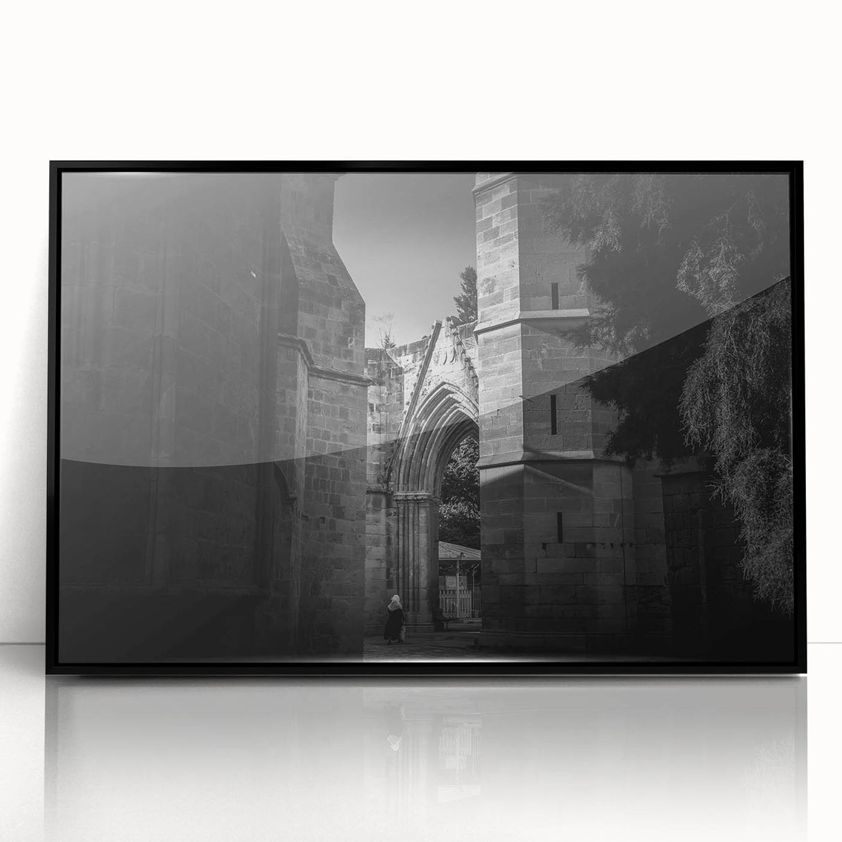 Large abstract wall art of a mosque in muted earth tones on a framed acrylic, ideal for modern living room decor.