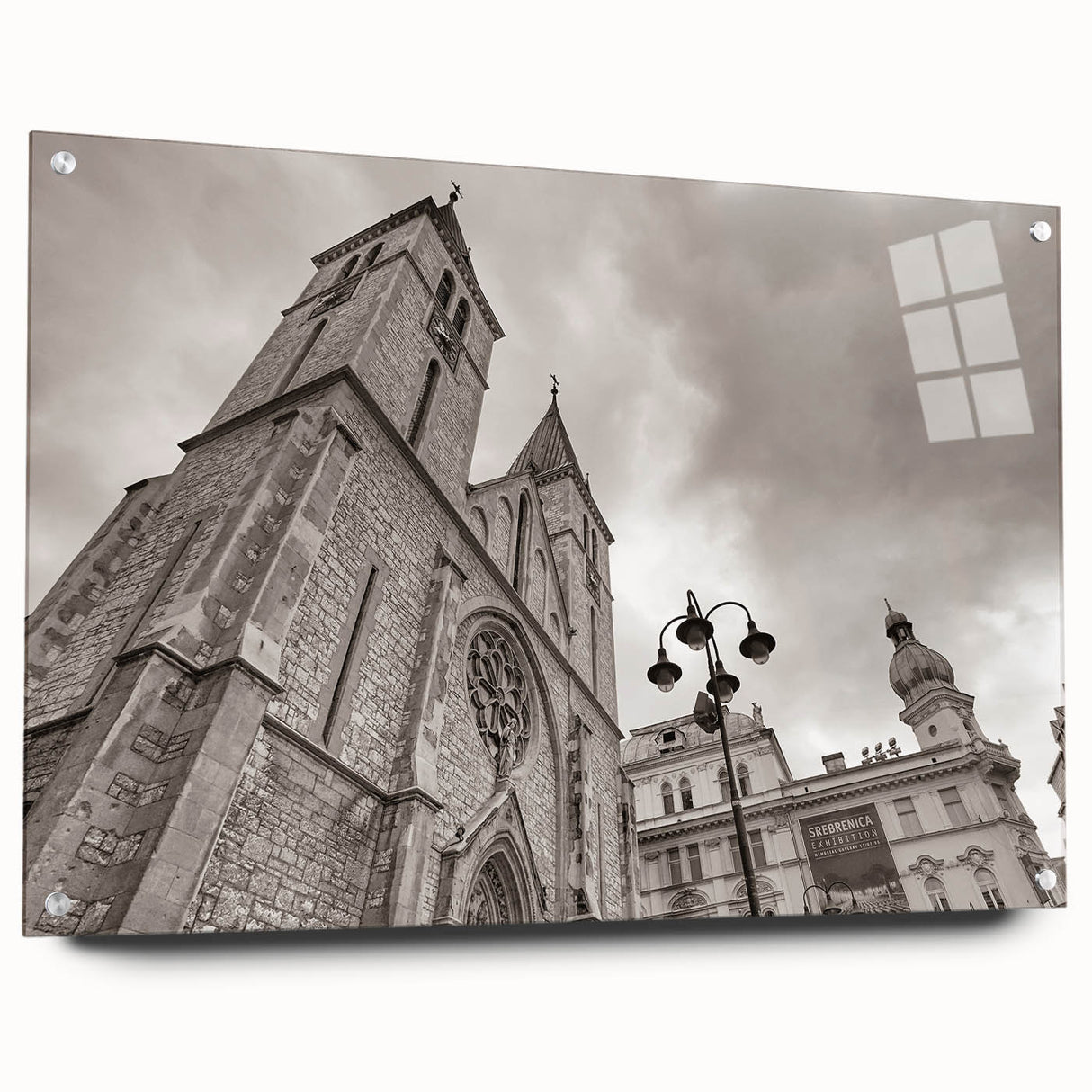 Acrylic print of a large abstract depiction of a mosque in muted earth tones, ideal for bedroom or dining room decor.
